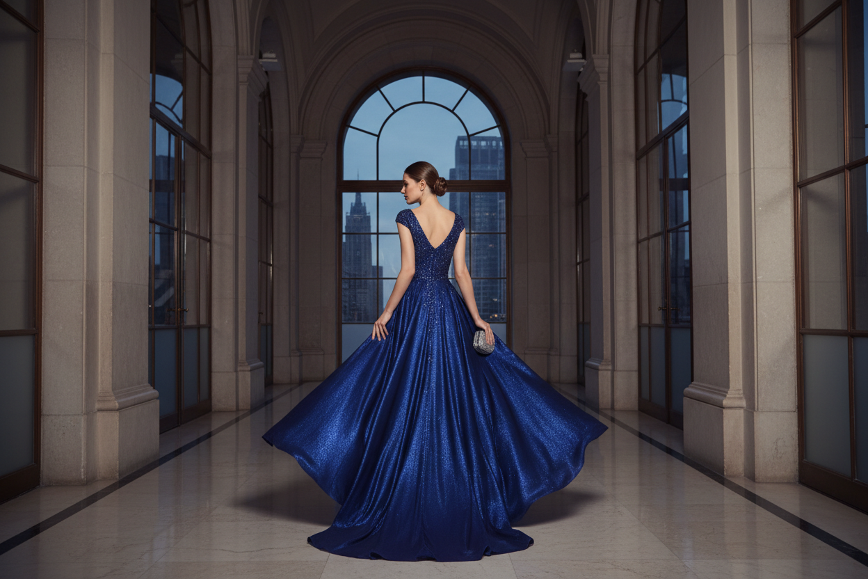 an image of a women walking away in a formal gown chic and glamourous